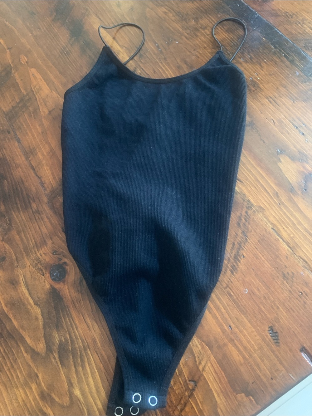 Black Ribbed Bodysuit with Snap Closure and Spaghetti Straps